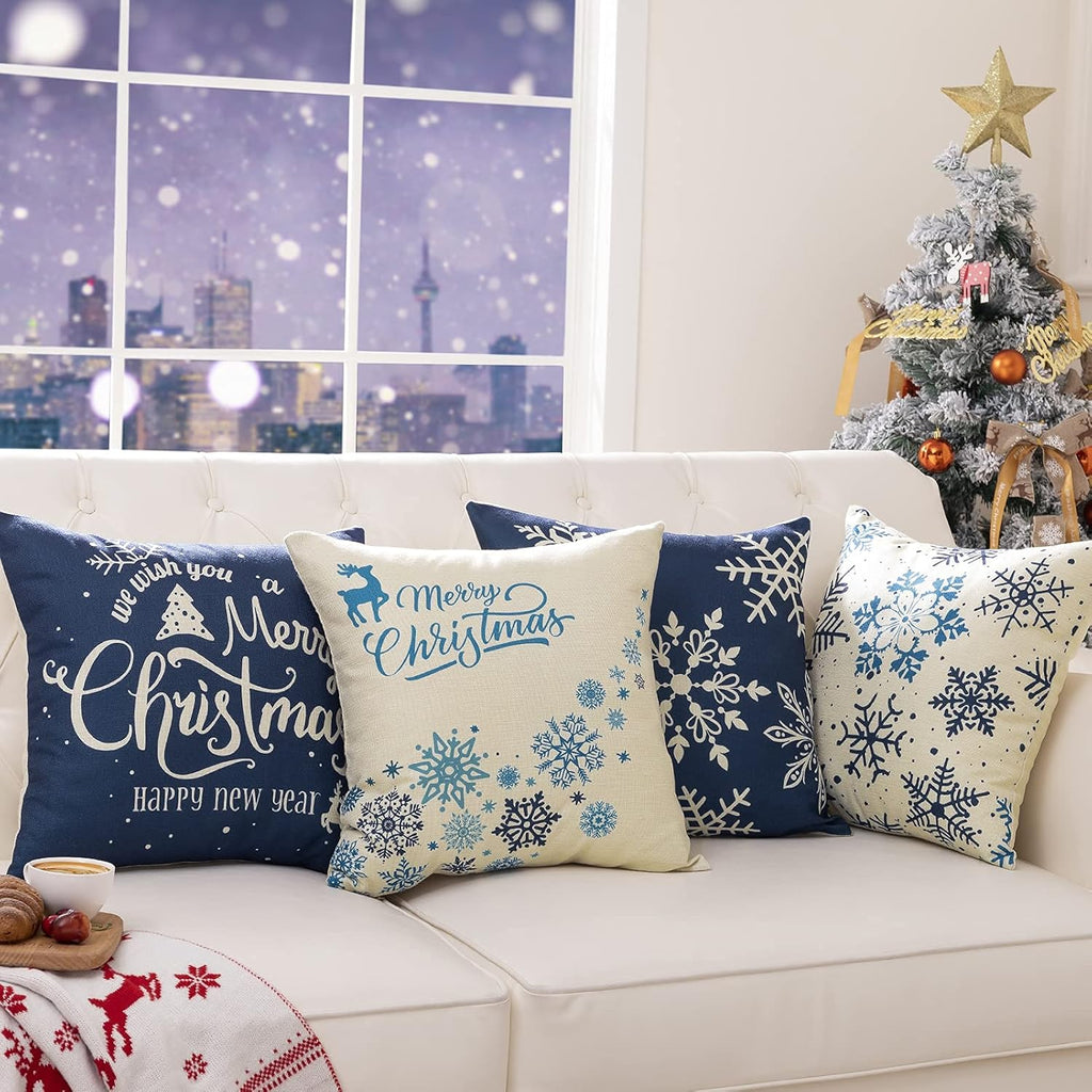 4 Pack Christmas Pillow Covers 18X18 Inch Linen Holiday Decorative Throw Pillow Covers for Sofa, Couch, Outdoor, Farmhouse and Home Christmas Decor