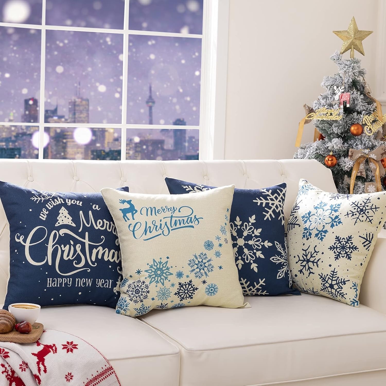 4 Pack Christmas Pillow Covers 18X18 Inch Linen Holiday Decorative Throw Pillow Covers for Sofa, Couch, Outdoor, Farmhouse and Home Christmas Decor
