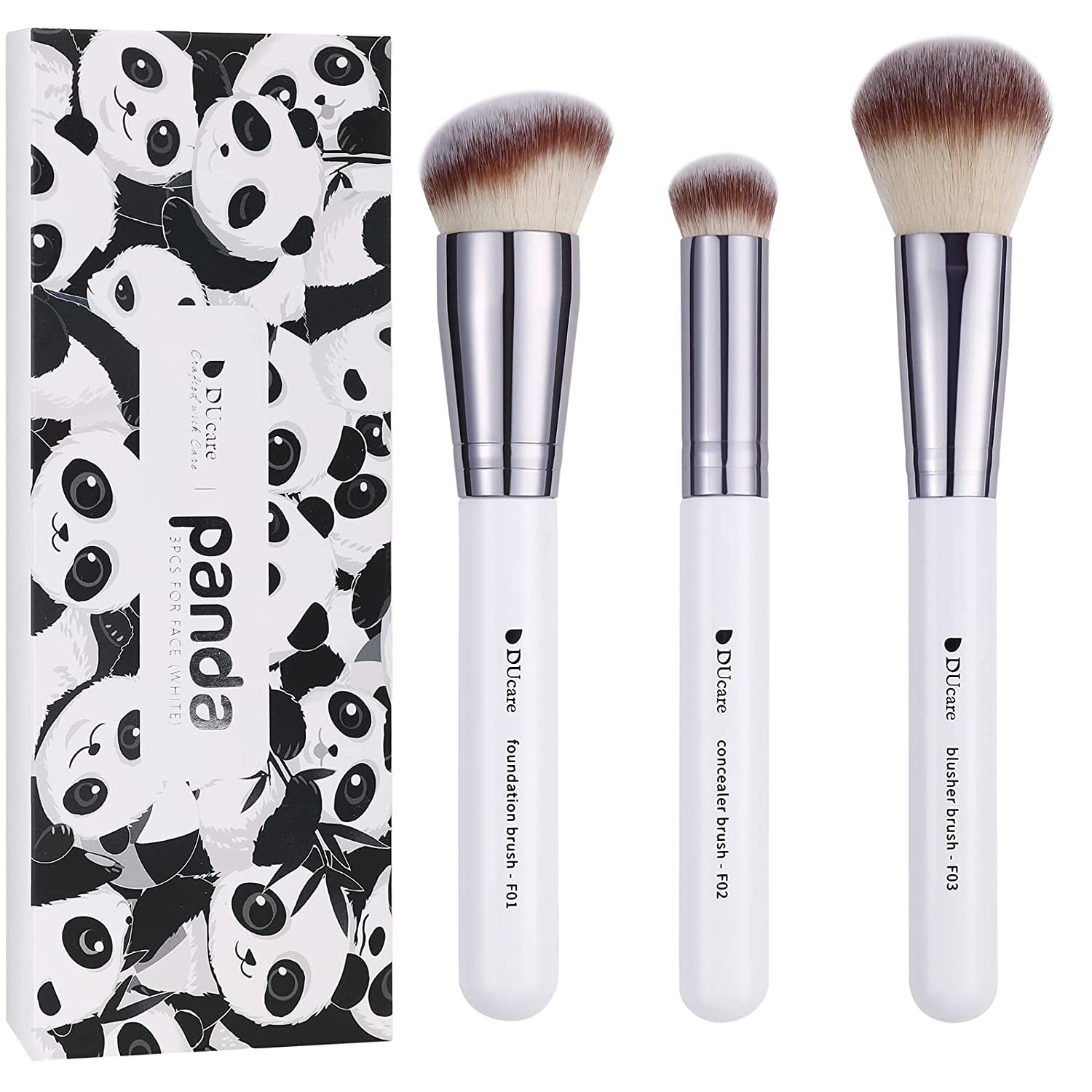 Makeup Brushes 3Pcs Foundation Contour Bronzer Brush,Concealer Brush,Blusher Powder Brush, Face Kabuki Travel Buffing Stippling Liquid Blending Makeup Brush Set White
